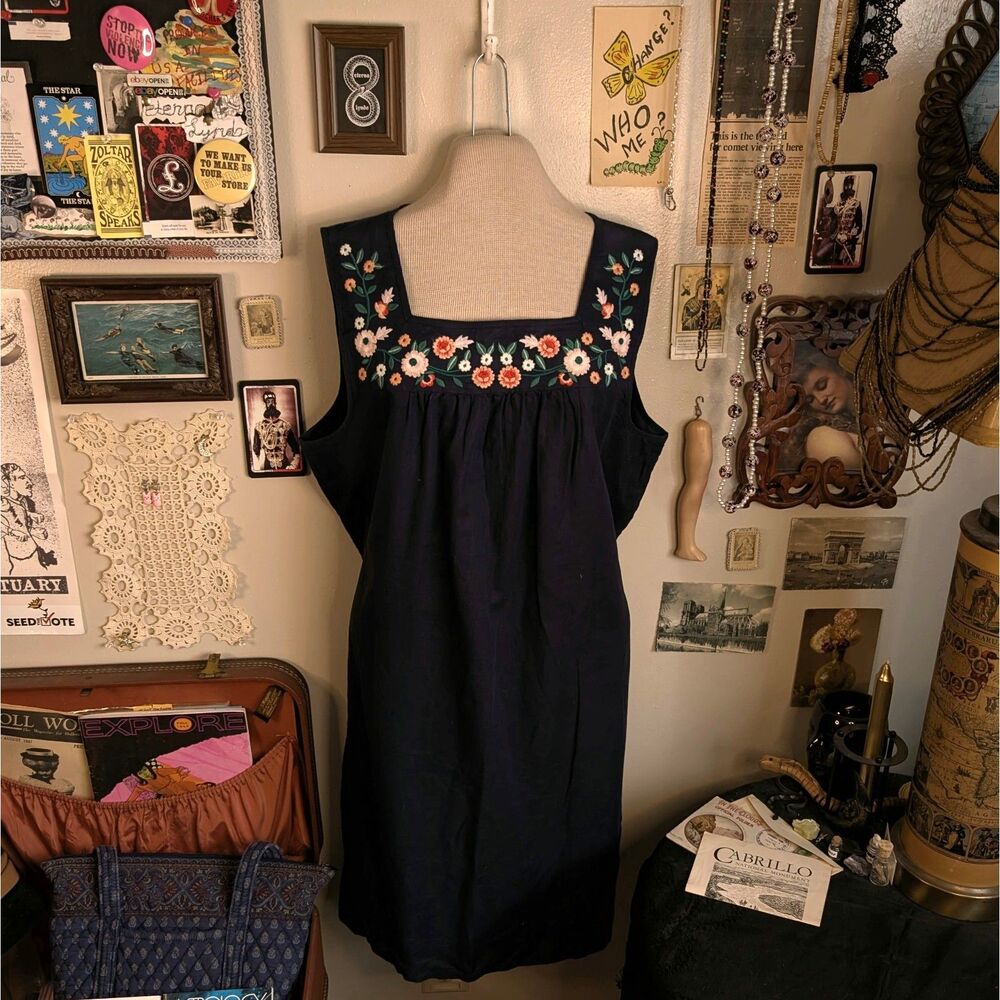 Floral Embroidered Linen Shift Mini Dress Women's Large Dark Navy Blue